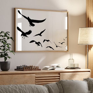 Impresión de bandada de pájaros, arte de pared imprimible de pájaros horizontales, cartel de arte de pájaros voladores, impresión horizontal, cartel de arte de silueta de pájaro