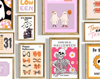 Pastel Halloween Wall Art Bundle | Cute Pink Spooky Art Print Set, Dorm ...