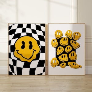 Retro Smiley Gesicht Print - Lime Schwarz Glückliches Gesicht - Y2K Poster - Trendige Wandkunst - Wandkunst 70er Jahre Trendy Print - Retro Wanddeko