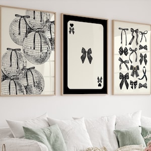 Zwarte strikken print set van 3 Discobal prints-preppy poster aaskaart lucky girl syndrome-universiteit appartement decor girly kamer esthetiek