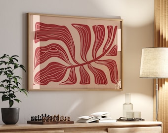 Horizontal Matisse Print, Red Minimalist Abstract Print, Horizontal Print, Boho Wall Art, Botanical Wall Art, Digital Download Matisse