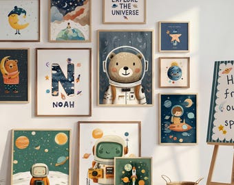 Space Nursery Prints, A-Z Initial, Rocket, Astronaut Decor (Digital Download, Personalization Available)