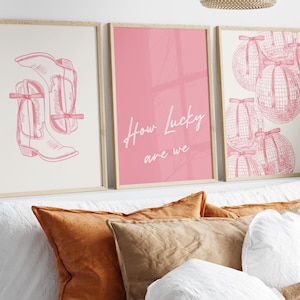 How Lucky Are We Wall Art Print Pink Disco bows Trendy Wall Art Coastal Cowgirl Print Girly Western Wall Art Aesthetic Dorm Decor Bedroom