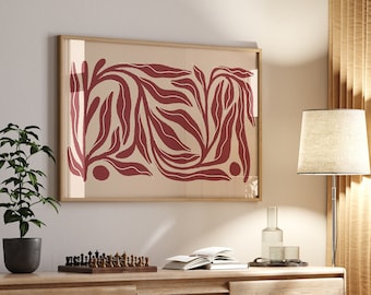 Horizontal Matisse Print, Red Minimalist Abstract Print, Horizontal Print, Boho Wall Art, Botanical Wall Art, Digital Download Matisse