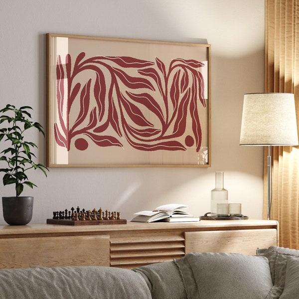 Impression Matisse horizontale, impression abstraite minimaliste rouge, impression horizontale, art mural bohème, art mural botanique, téléchargement numérique Matisse