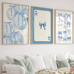 blue bows print set of 3- disco ball Prints- coastal cowgirl, lucky girl coquette room decor- college apartment decor- girly room aesthetic