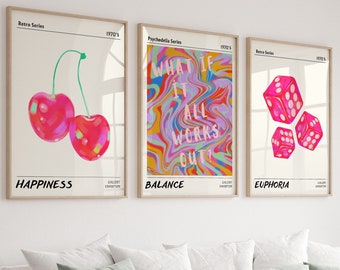 Gallery Wall Art Set of 3 Print - Girly Wall Art Preppy Room Decor - Retro Abstract - Aura Gradient Poster - Retro Wall Art Gifts for Her
