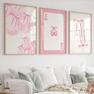 Juego de 3 lazos rosas de moda para pared, decoración de habitación coqueta, estampado de lazo coqueta de moda, póster de lazos de moda, estampado de lazos de acuarela, arte de pared femenino