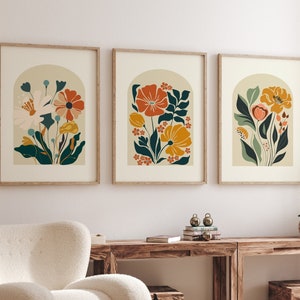 Boho Abstrakte Blumen Druck 3er-Set, Terrakotta Drucke, Blumenwandkunst, Vintage Kunstdruck, Boho druckbare Kunst, Blumenmarkt Poster