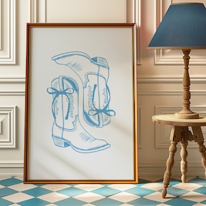 Coquette Bow Cowgirl Boots Print Blue Coastal Cowgirl Wall Art, Girly Western Print College Apartment Aesthetic, Trendy Print Dorm Decor
