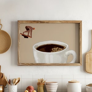 Póster impreso de Coffee Diver, póster de café de buenos días, regalo para amantes del café, arte de pared de estación de café, decoración de cocina moderna con paisaje horizontal