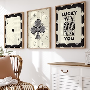 Trendy retro muurkunst set van 3 - retro trendy esthetische print - Queen of Hearts muurkunst - Lucky You poster - trendy muurkunst
