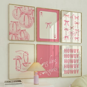 Long Live Cowgirls Trendy Pink Bows Wall Art Set of 6- disco ball Prints coastal cowgirl lucky girl coquette room decor girly room aesthetic