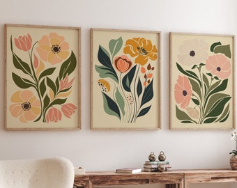 Boho Abstract Flowers Print Set of 3, Terracotta Prints, Floral Wall Art, Vintage Art Print, Boho Printable Art, Flower Market Poster