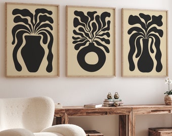 Abstracte botanische printset: beige en zwarte organische vormen (digitale download)