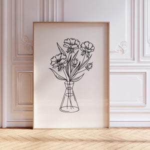 Black Wall Art Printable floral still life print flower bouquet wall art print drawing art for apartment decor aesthetic fine line art print