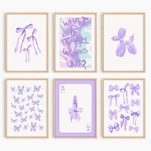 Trendy Gallery Wall Set Of 6 Lilac Wall Art- Trendy Poster Preppy Wall Art- Gollege Dorm Decor- Coquette Room Decor Girly Wall  Art- Bow Art