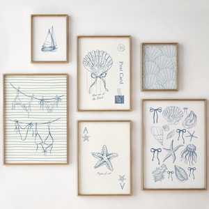 Coastal Print Set Of 6 coastal gallery wall , summer wall art beachy print set, bikini print, Seashell Print  Beach Girl College Dorm Room