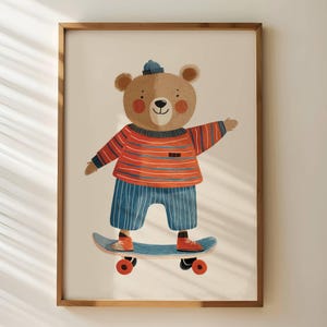 Skateboarding Bär Kinderzimmer Wandkunst, geschlechtsneutrales Spielzimmer Dekor, Tier Kinderzimmer, digitaler Download Kleinkind Zimmer Poster Kinderzimmer Kunst
