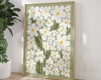 Daisy Floral Illustration: Sage Green Boho Wall Art (Digital Print)