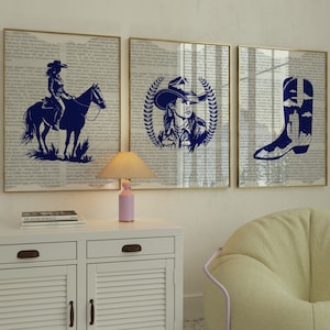 Coastal Cowgirl Retro Gallery Print Set of 3 - Retro Wall Art Set - Blue Preppy Western Print -  Prints - Blue Cowboy Boots Art