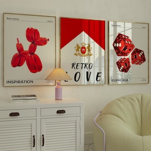 Set di 3 stampe da parete Gallery Wall Art - Arte da parete retrò rossa - Stampe artistiche alla moda - Regali di poster d'amore per lei - Decorazione estetica per appartamento femminile