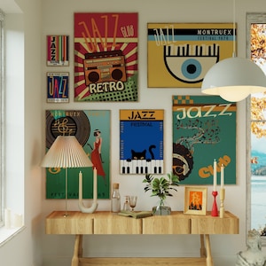 Zestaw 8 wydrukowanych obrazów ściennych do druku Jazz Festival, nowoczesny wydruk artystyczny, dekoracja ścienna z muzyką, plakat z muzyką w stylu vintage, cyfrowy wydruk z muzyką jazzową w stylu retro do pobrania