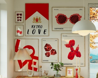 Gallery Wall Art Set of 8 Print - Red Retro Wall Art - Trendy Art Prints - Love Poster Gifts for Her - Aesthetic Girly Apartment Decor