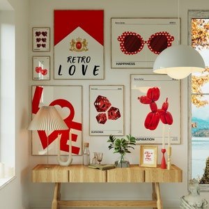 Gallery Wall Art Set of 8 Print - Red Retro Wall Art - Trendy Art Prints - Love Poster Gifts for Her - Aesthetic Girly Apartment Decor