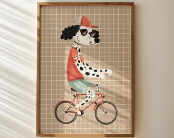 Könnte beinhalten: Gerahmte Illustration eines Dalmatiner-Hundes auf einem roten Fahrrad. Der Hund trägt eine Sonnenbrille, eine rote Kappe und ein rot gestreiftes Hemd. Der Hintergrund ist ein kariertes Muster in Beige und Weiß.