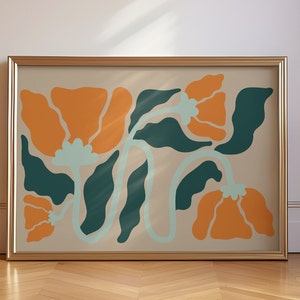 Pu&ograve; includere: Una stampa incorniciata con un design floreale stilizzato. I fiori sono arancioni e le foglie sono verde acqua.