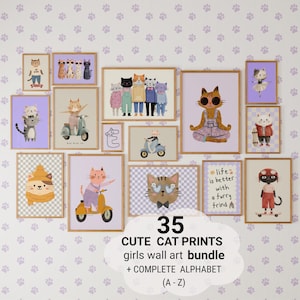May include: A display of 16 framed cat art prints, varying in size, mounted on a wall decorated with paw prints. The prints depict cartoon cats in diverse scenarios, with the text "35 CUTE CAT PRINTS girls wall art bundle + COMPLETE ALPHABET (A-Z)".