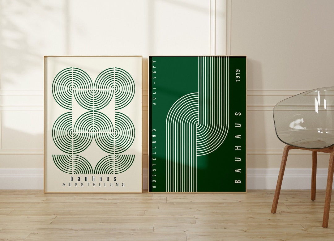 Bauhaus Print Set: Mid Century Modern Green Geometric Art (digital ...