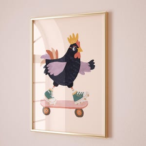 Skateboarding Hahn Kinderzimmer Wandkunst, Neutrales Spielzimmer Dekor, Tier-Kinderzimmer, digitaler Download Kleinkind Raum Poster Kinderzimmer Kunst