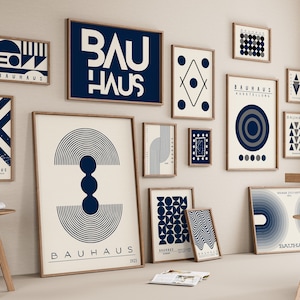 100 impressões de pôster Bauhaus - Azul Branco Bauhaus Impressões de parede - Impressão geométrica - Arte de parede Boho - Arte abstrata de parede - Decoração de parede de escritório