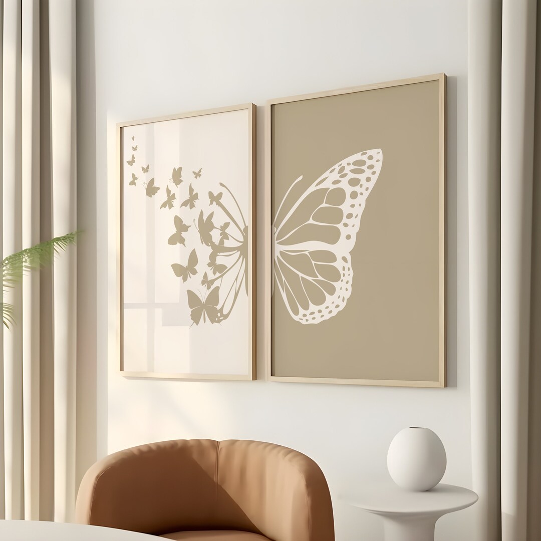 Butterfly Printable Wall Art Set of 2, Beige Sketch Butterfly Poster ...