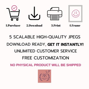 May include: An image with four icons representing the steps: purchase, download, print, and frame. Text states "5 Scalable High-Quality JPEGs Download Ready, Get it Instantly! Unlimited Customer Service, Free Customization. No physical product will be shipped."