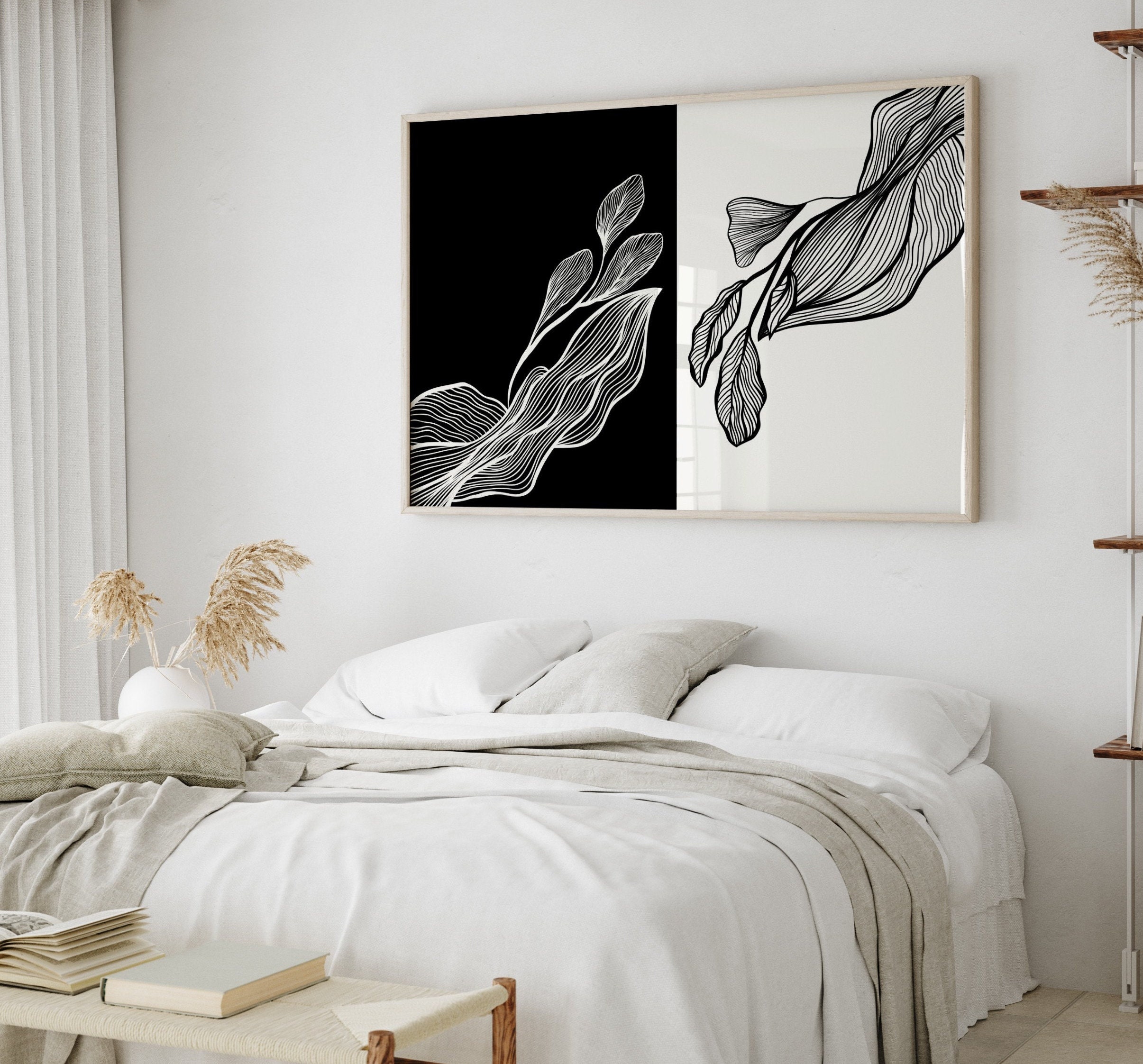 Horizontal Abstract Black Whie Line Print Wall Art, Modern Abstract