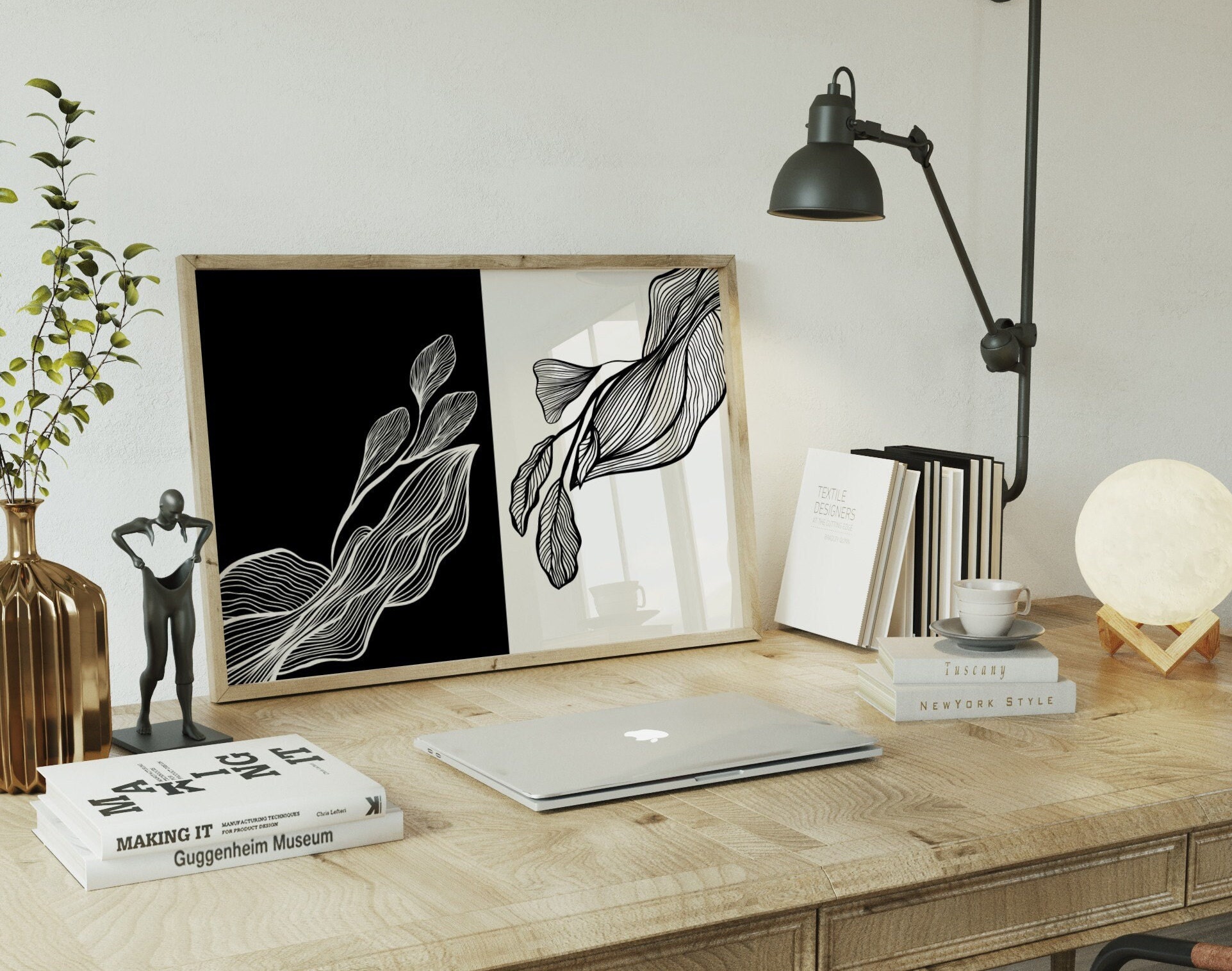 Horizontal Abstract Black Whie Line Print Wall Art, Modern Abstract