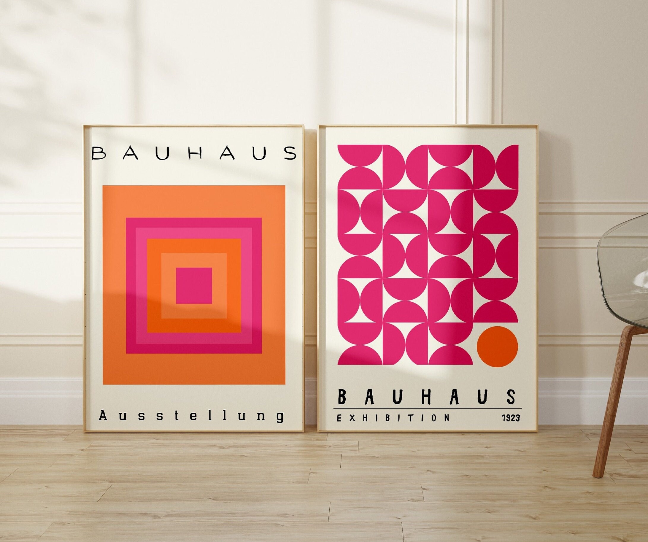 Bauhaus Art Prints: Pink & Orange Geometric Gallery Set (digital