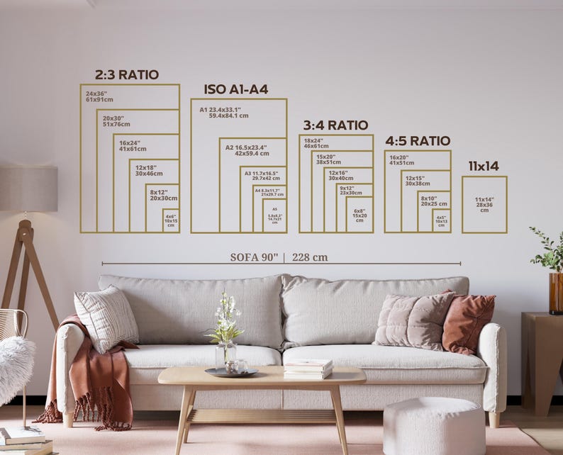 May include: A wall display showing various print sizes and ratios, including 2:3, ISO A1-A4, 3:4, 4:5, and 11x14. The display is above a sofa that is 90 inches (228 cm) wide. The room has a neutral color palette.