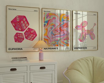 Gallery Wall Art Set of 3 Print - Retro Abstract Aura Gradient Poster - Girly Wall Art Preppy Room Decor - Retro Wall Art Gifts for Her
