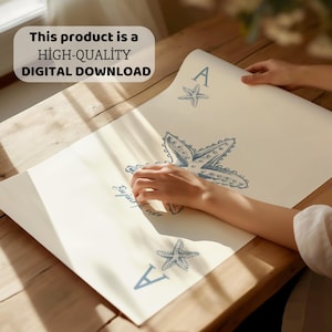 May include: A cream-colored print featuring a starfish design and the letter "A" with a starfish. The text "Bonjour mer" is also present. The product is a high-quality digital download.