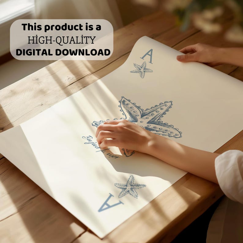 May include: A cream-colored print featuring a starfish design and the letter "A" with a starfish. The text "Bonjour mer" is also present. The product is a high-quality digital download.