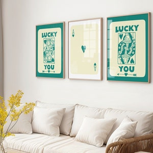 Trendy Retro Wall Art Set van 3 - Retro Trendy Esthetische Print - Queen of Hearts Wall Art - Lucky You Poster - Trendy Wall Art