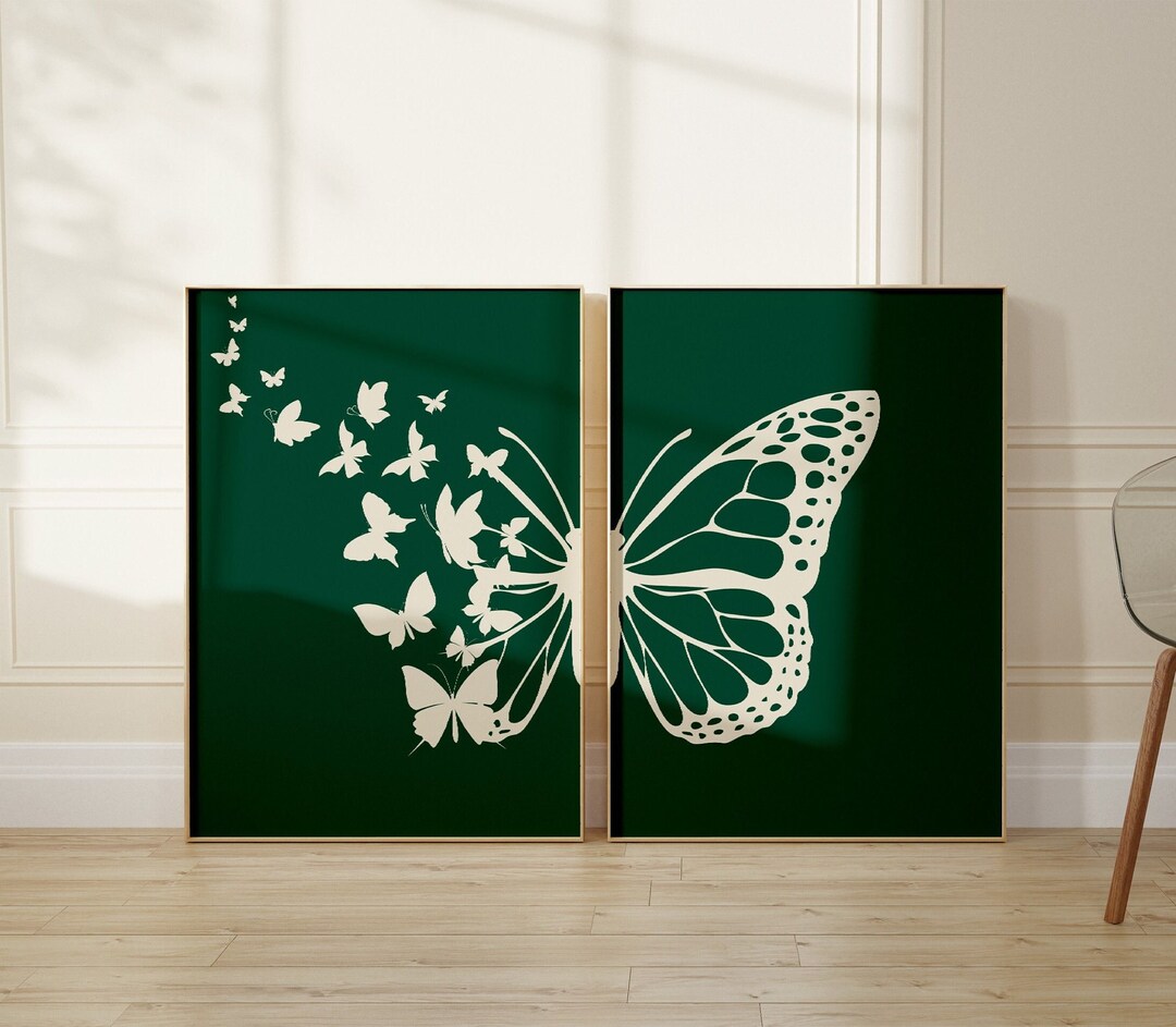 Butterfly Printable Wall Art Set of 2, Emerald Green Butterfly Poster ...