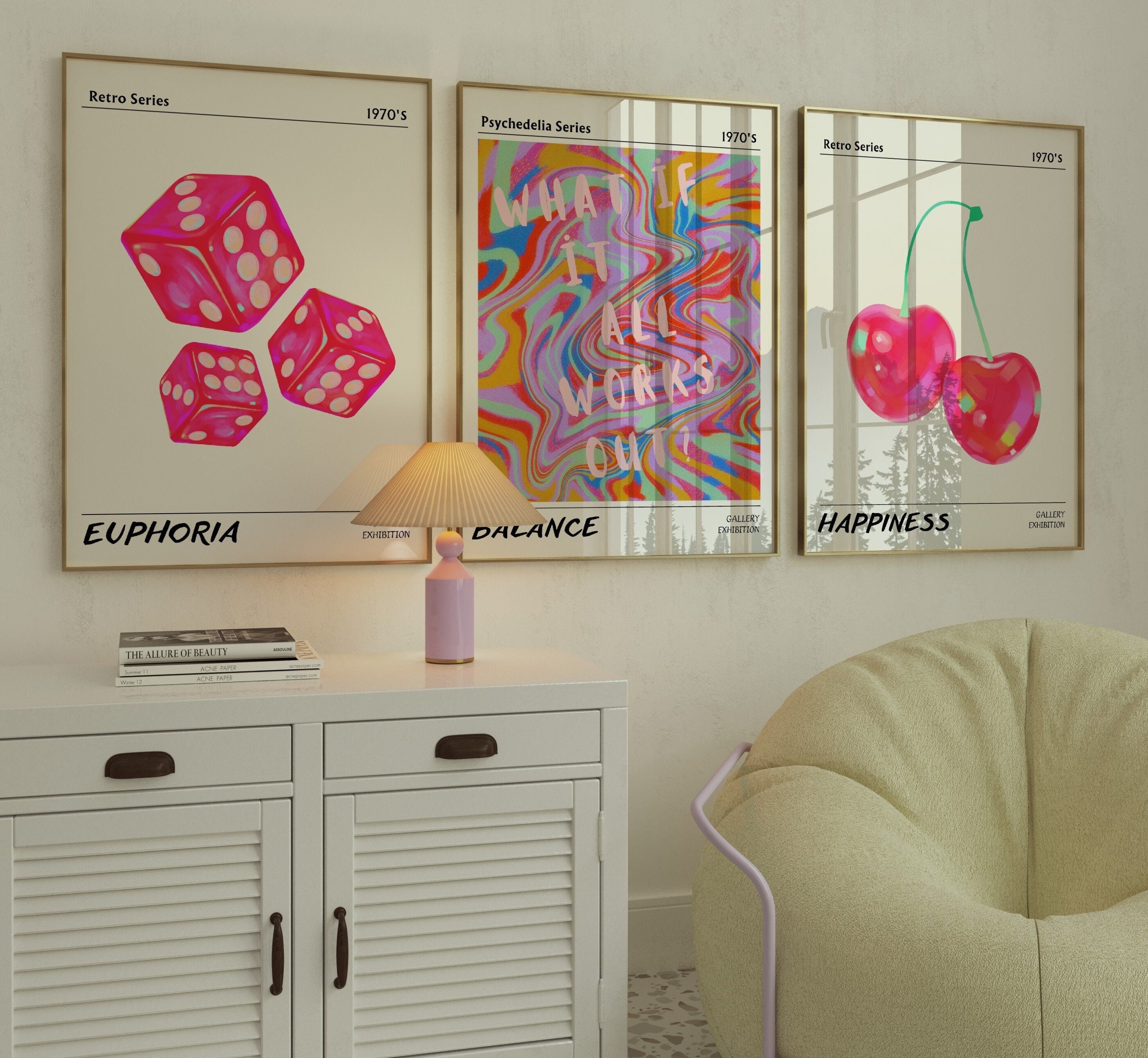Gallery Wall Art Set of 3 Print - Retro Abstract Aura Gradient Poster - Girly Wall Art Preppy Room Decor - Retro Wall Art Gifts for Her