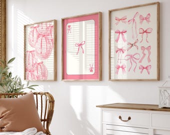 Set Di 3 Stampe Su Tela Rosa – Fiocchi, Palla Da Discoteca E Ciliegie – 40x61 Cm, Decorazione Divertente E Giocosa