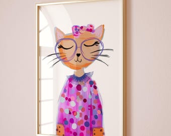 Bunte Katzen Kunstdruck: Moderne eigenwillige Haustier-Illustration (Digitaler Download