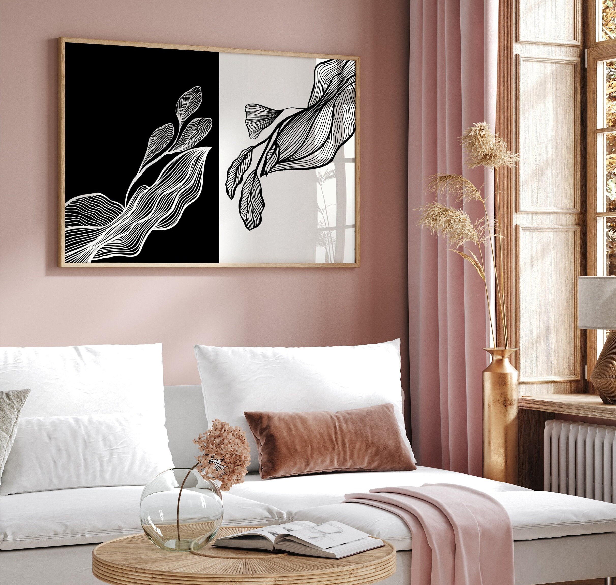 Horizontal Abstract Black Whie Line Print Wall Art, Modern Abstract